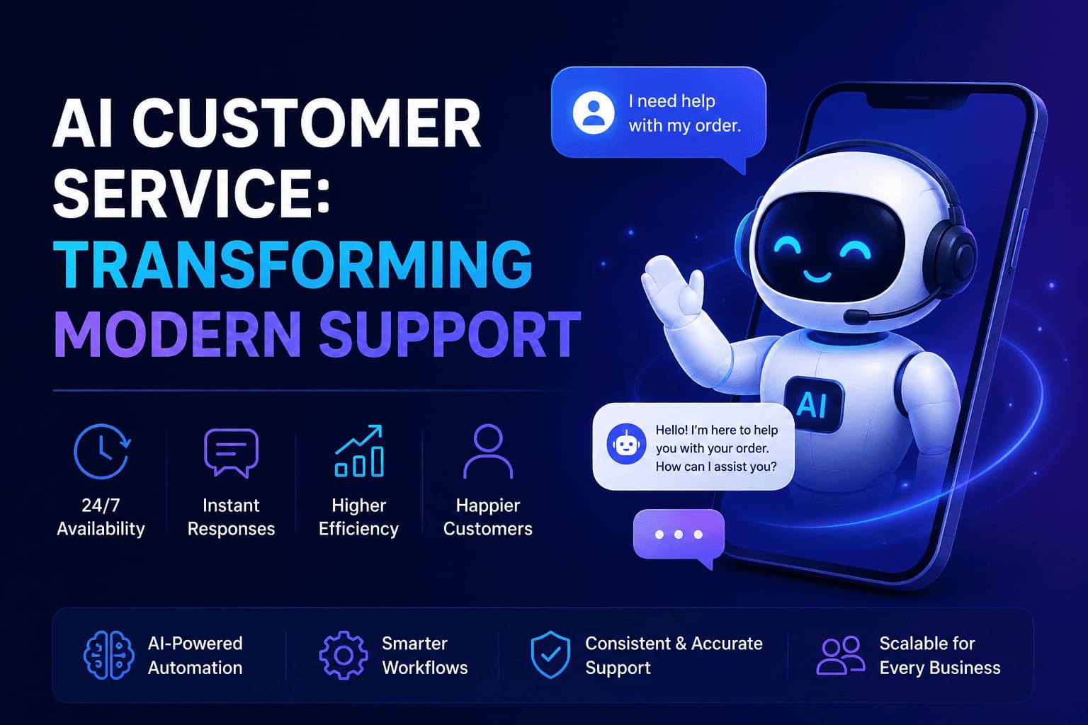 AI customer service chatbot providing 24/7 automated support, instant responses, smarter workflows, and improved customer experience.