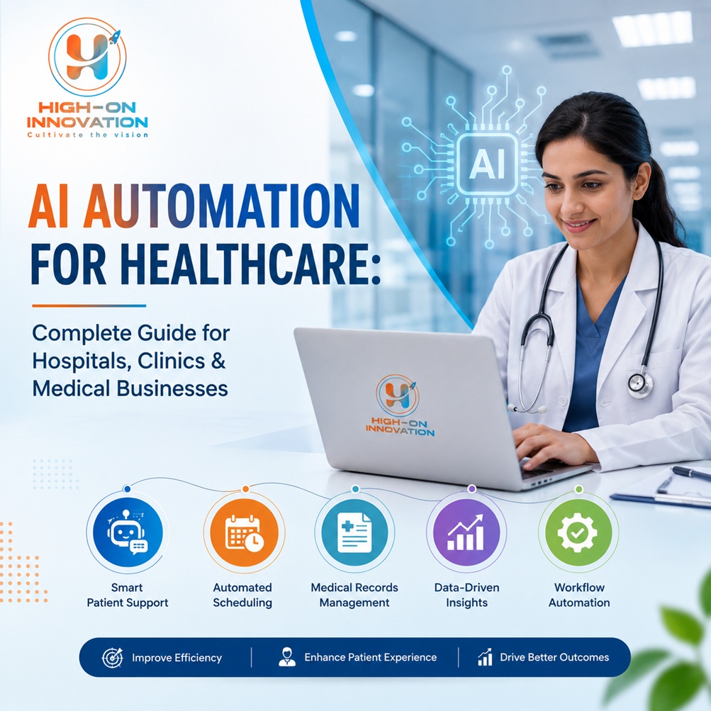 AI Automation for Healthcare: Complete Guide for Hospitals, Clinics & Medical Businesses AI automation for healthcare with a doctor using digital technology, featuring workflow automation, patient support, medical records management, and the High-On Innovation logo.